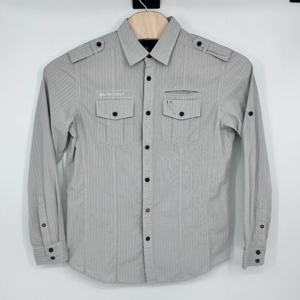 Holton Mfg Button Up Shirt Mens Medium Grey Pinstripe Long Sleeve Utility Casual